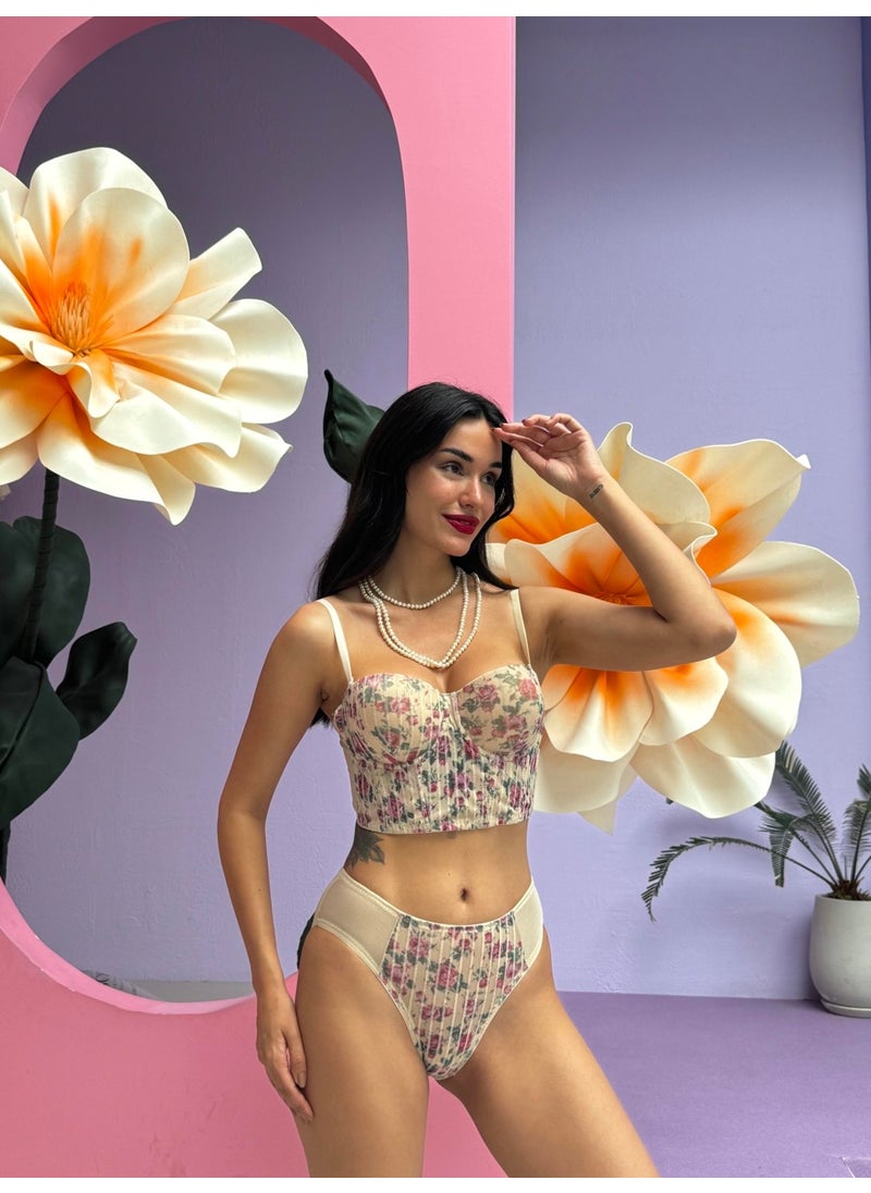Cansoy - Glittery Floral Patterned Padded Ten Bustier Set (682T) - Image 1