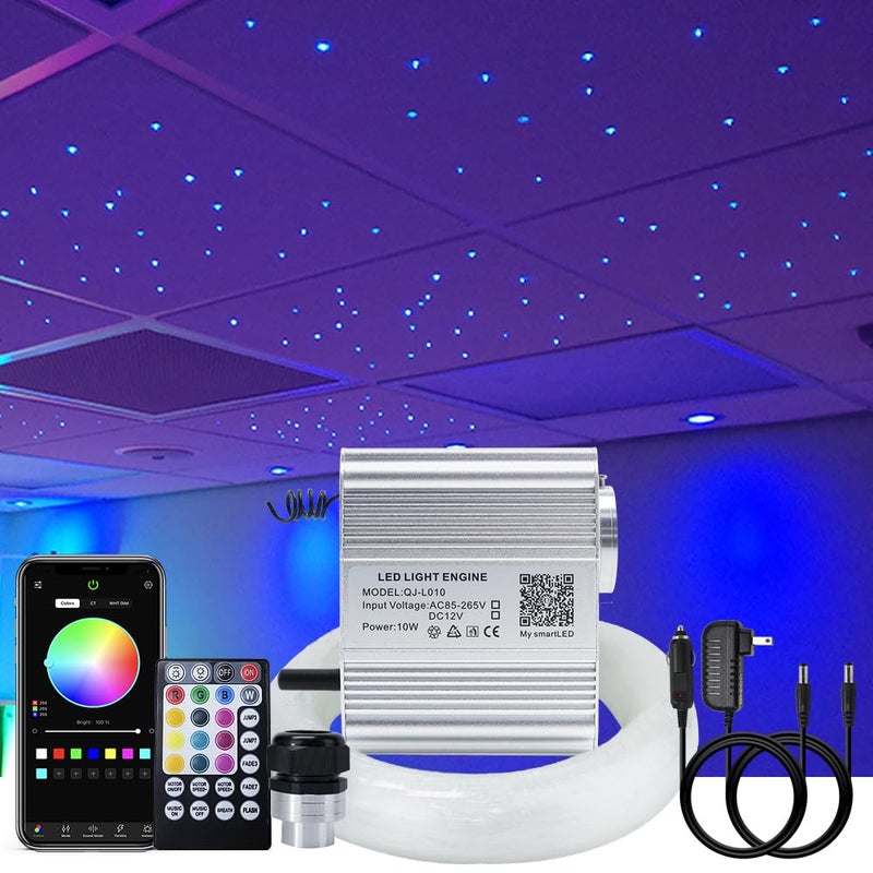 AKEPO 10W Fiber Optic Lights kit Twinkle APP Control Music Effect for Star Ceiling Sky Light Car Home Use RGBW Light EngineOptical Fiber Cable 375pcs of 98ft3m003004006in28key Remote