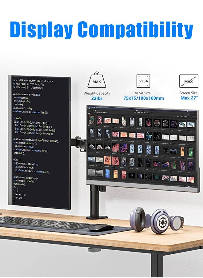 Occuwzz - Monitor Mount Stand - Dual Monitor Arm for Desk Fully Adjustable Arms Hold 2 Screens up to 27 inches - Image 1