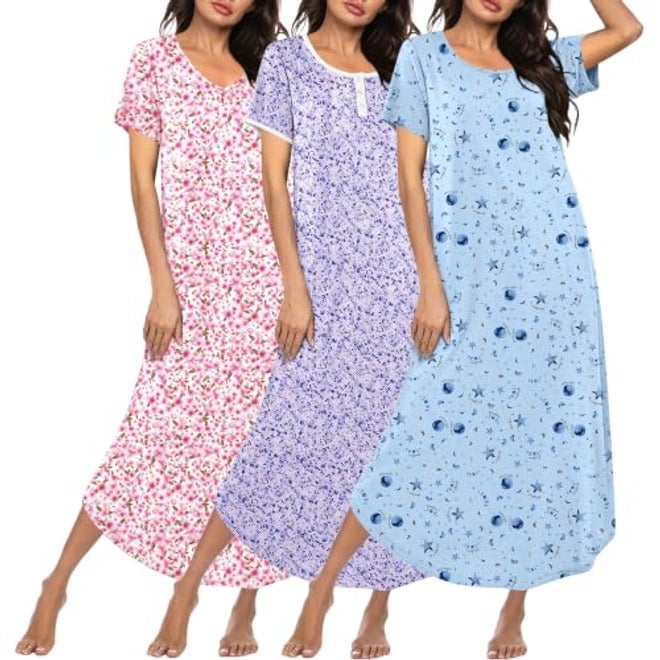 Ekouaer Women's 3-Pack Long Nightgowns Plus Size Soft Moo Moo Sleepwear Short Sleeve House Dress