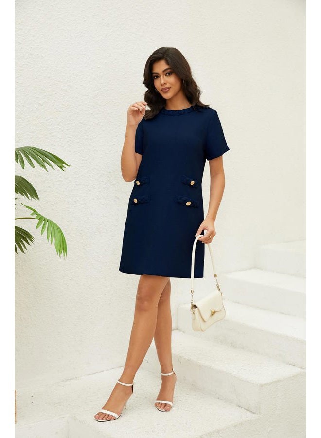 Ladyful Womens Tweed Jackie Dress Short Sleeve Elegant Crew Neck Business Party Vintage Button Bodycon Mini Jackie Dress Navy - Image 4