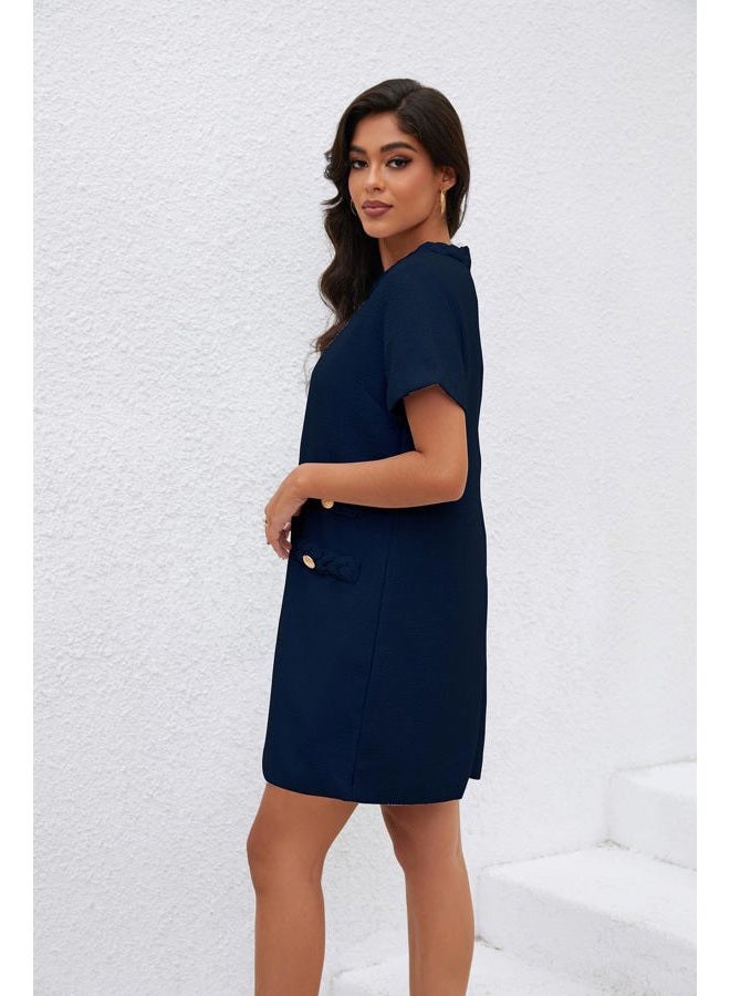 Ladyful Womens Tweed Jackie Dress Short Sleeve Elegant Crew Neck Business Party Vintage Button Bodycon Mini Jackie Dress Navy - Image 5
