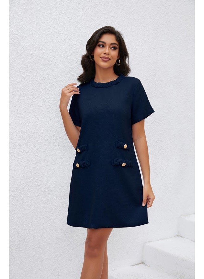 Ladyful Womens Tweed Jackie Dress Short Sleeve Elegant Crew Neck Business Party Vintage Button Bodycon Mini Jackie Dress Navy - Image 2