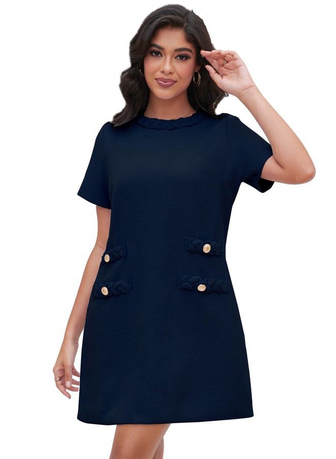 Ladyful Womens Tweed Jackie Dress Short Sleeve Elegant Crew Neck Business Party Vintage Button Bodycon Mini Jackie Dress Navy - Image 1