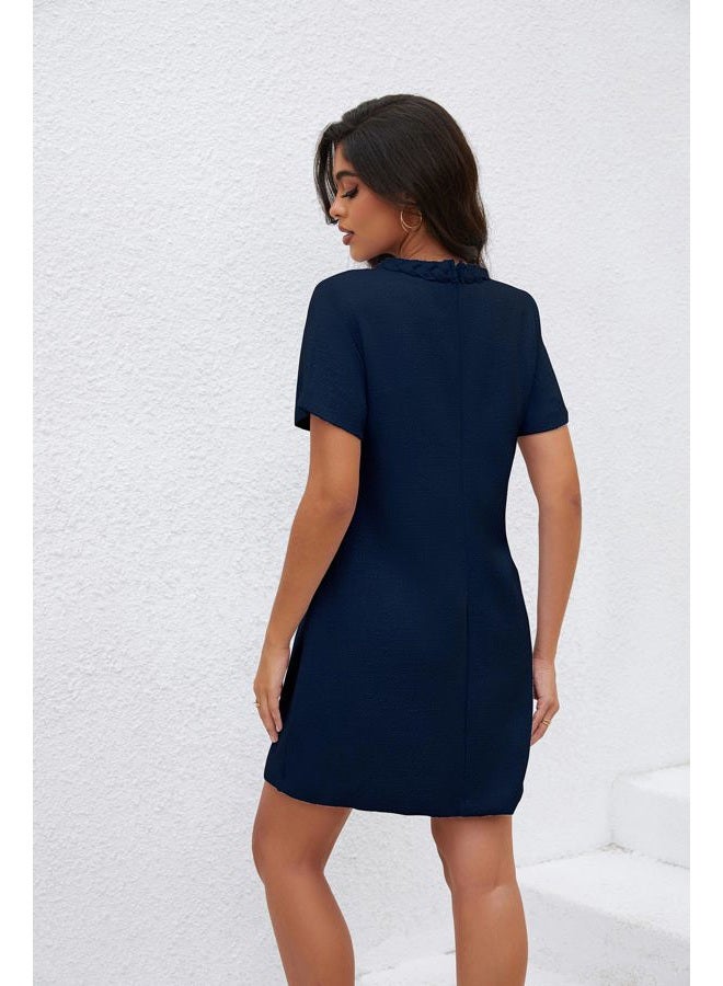 Ladyful Womens Tweed Jackie Dress Short Sleeve Elegant Crew Neck Business Party Vintage Button Bodycon Mini Jackie Dress Navy - Image 3