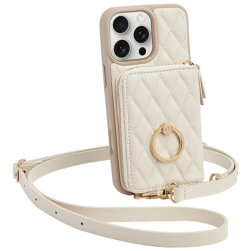 ZVE Wallet Case for iPhone 16 Pro Max with Card Holder, Ring Stand Crossbody Zipper Wallet Lanyard Case for iPhone 16 Pro Max 6.9 Inch-Beige - Image 1
