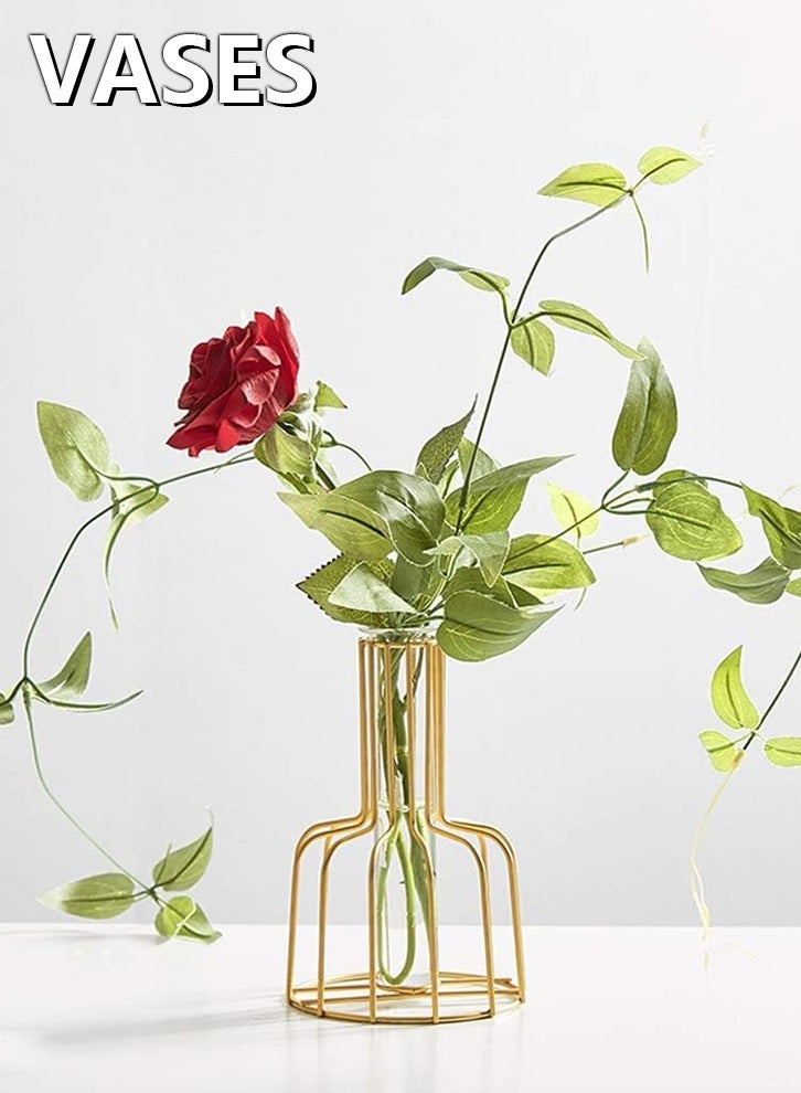 Gold Flower Vases, Glass Test Tube Vase with Metal Frame Stand, Small Bud Vase for , Wedding, Table Centerpieces, Living Room, Plant Terrariums for Propagating Hydroponic - Image 1