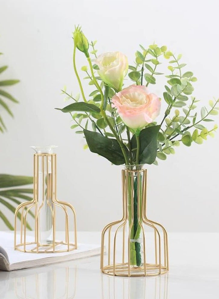 Gold Flower Vases, Glass Test Tube Vase with Metal Frame Stand, Small Bud Vase for , Wedding, Table Centerpieces, Living Room, Plant Terrariums for Propagating Hydroponic - Image 2
