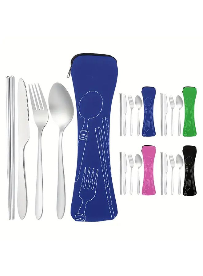 Green Stainless Steel Portable 5 Piece Cutlery Set For Travel Camping - Image 1