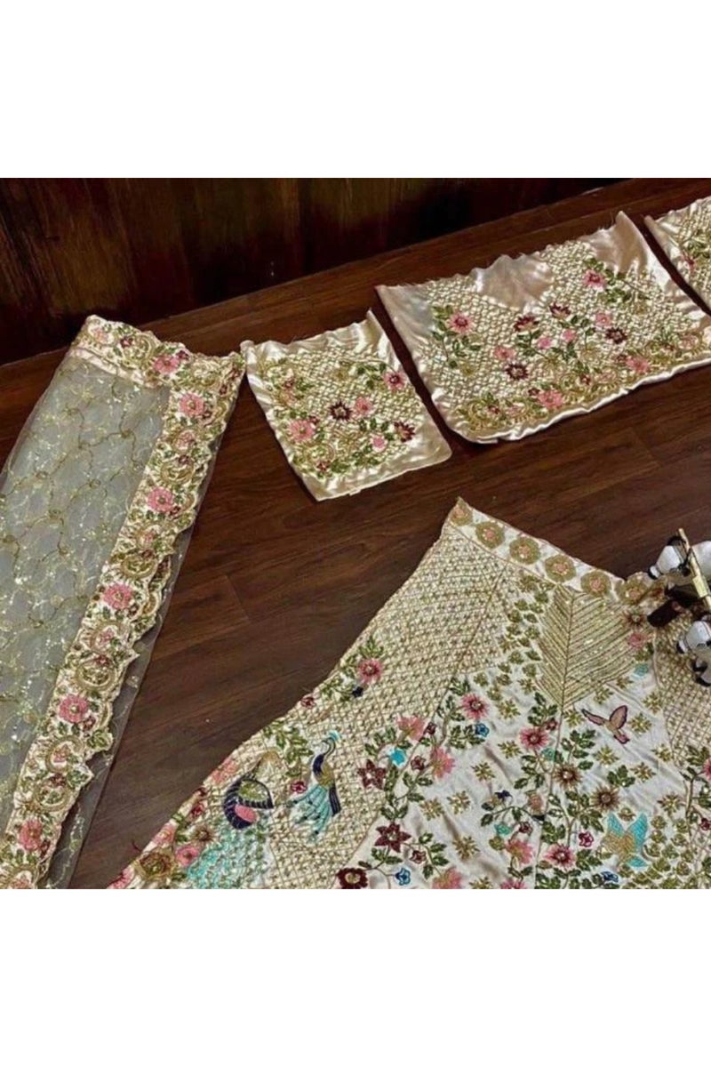 بلوزة ودوبتة بيج من حرير الساتان نصف مخيط - HRT3997 - Image 3