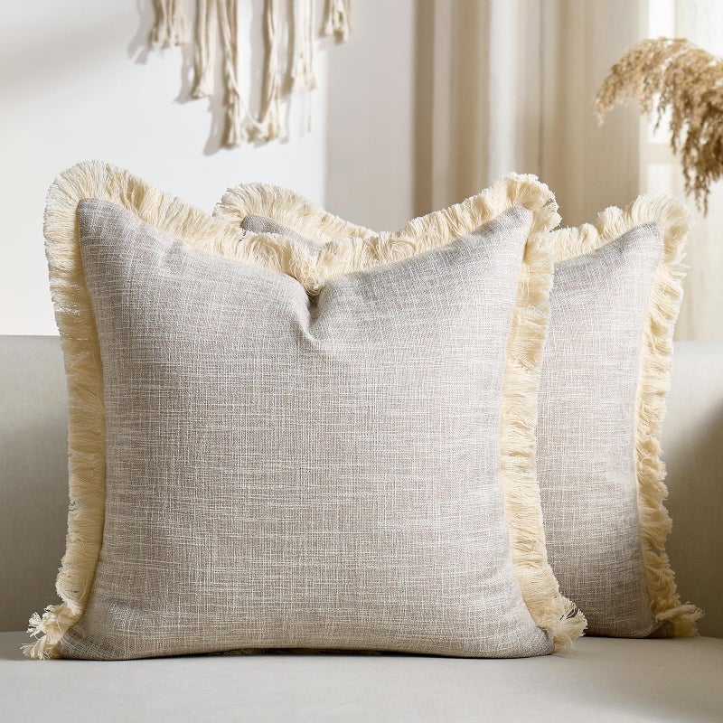 Daptsy Faux Linen Fringe Decorative Throw Pillow Covers 18x18 Inch Set of 2 Beige Burlap Boho Farmhouse Pillowcases with Tassels Rustic Woven Textured Cushion Cases for Sofa Bed Living Room Home Decor - Image 1
