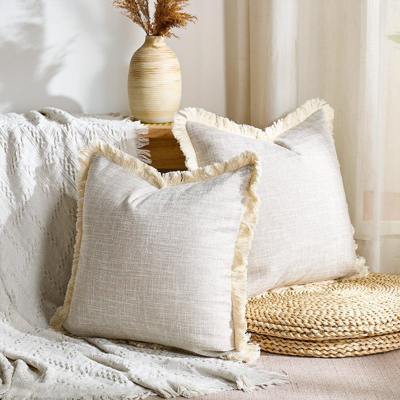 Daptsy Faux Linen Fringe Decorative Throw Pillow Covers 18x18 Inch Set of 2 Beige Burlap Boho Farmhouse Pillowcases with Tassels Rustic Woven Textured Cushion Cases for Sofa Bed Living Room Home Decor - Image 2