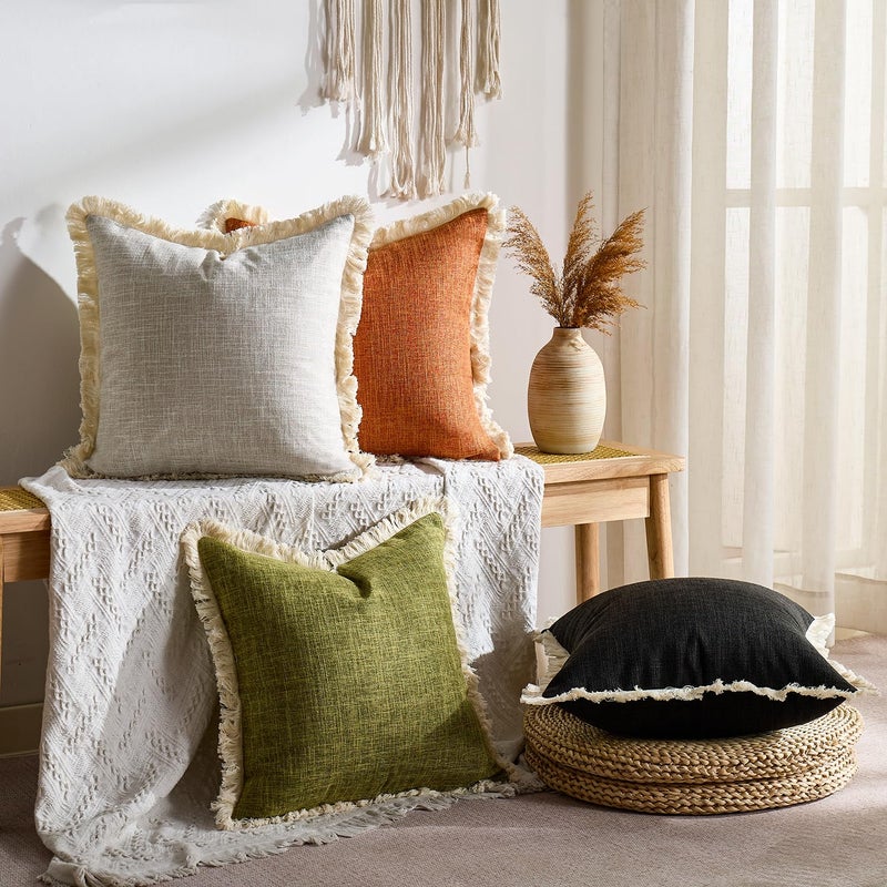 Daptsy Faux Linen Fringe Decorative Throw Pillow Covers 18x18 Inch Set of 2 Beige Burlap Boho Farmhouse Pillowcases with Tassels Rustic Woven Textured Cushion Cases for Sofa Bed Living Room Home Decor - Image 5