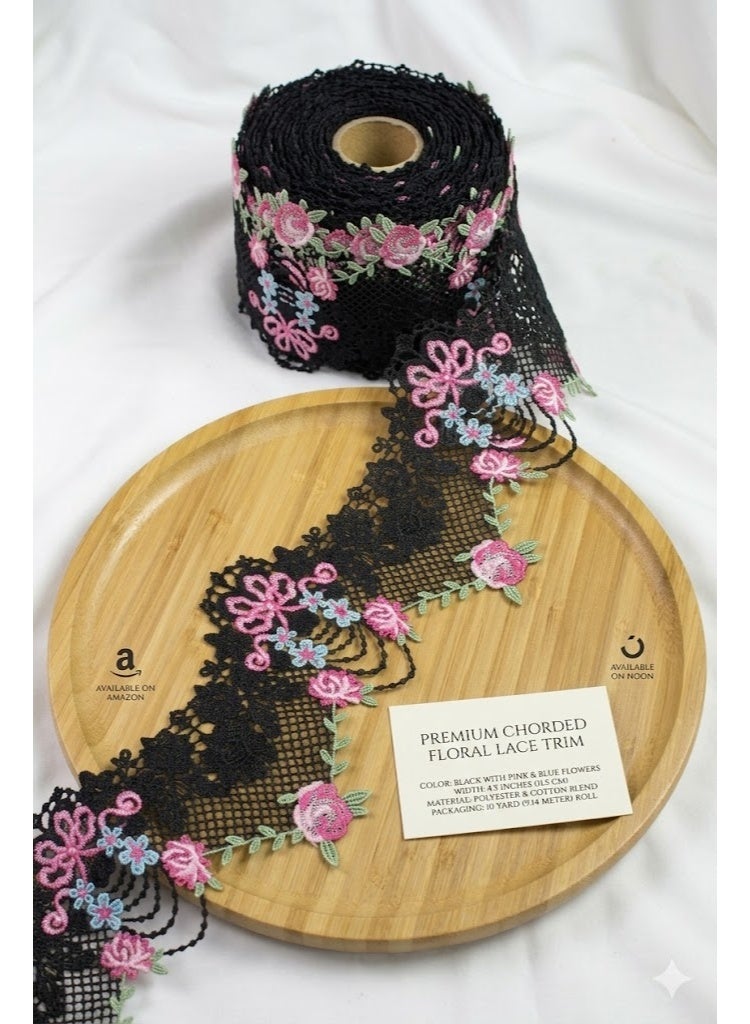 5 Yards Elegant Black Floral Guipure Lace Trim – 3D Rose Embroidery for DIY Crafts & Fashion Design - Image 1