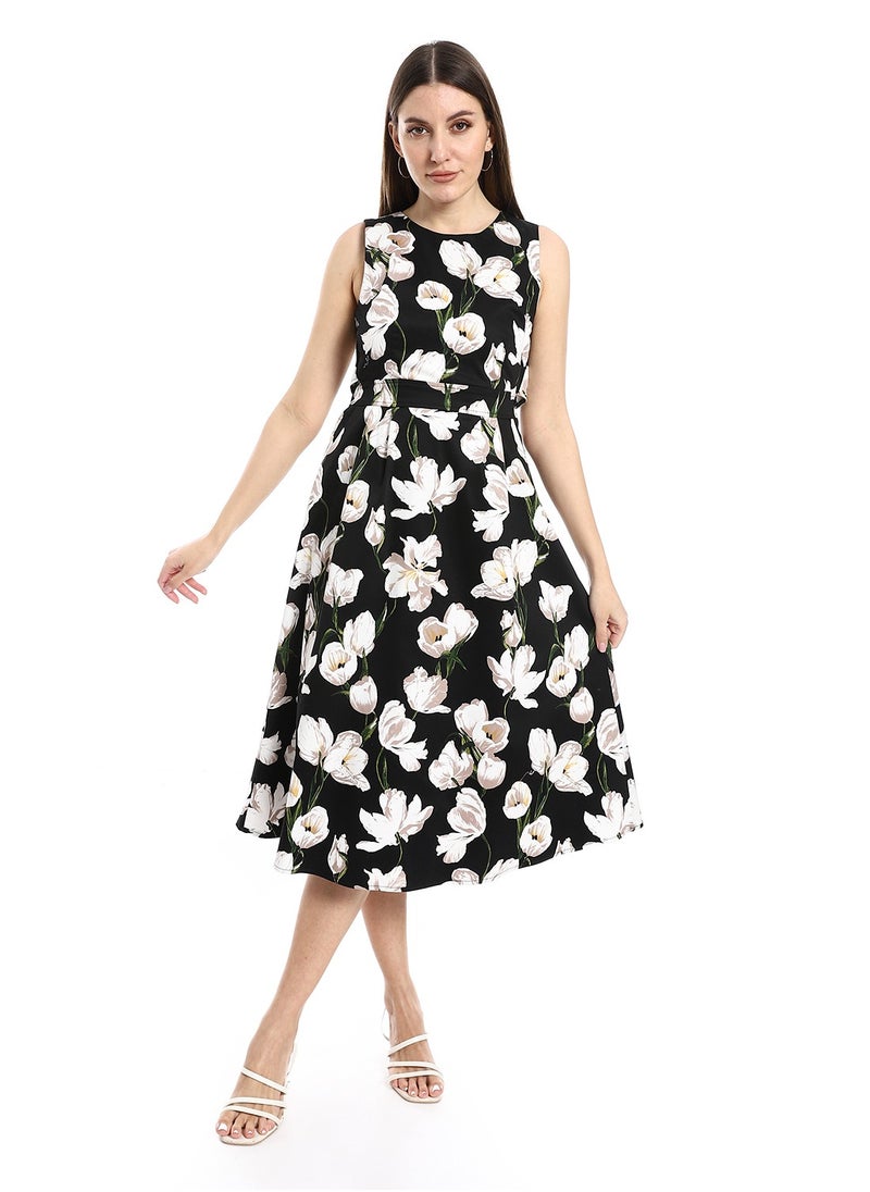 MERCH Floral Print Sleeveless Midi Dress With Elastic Waist Cut  - Image 1