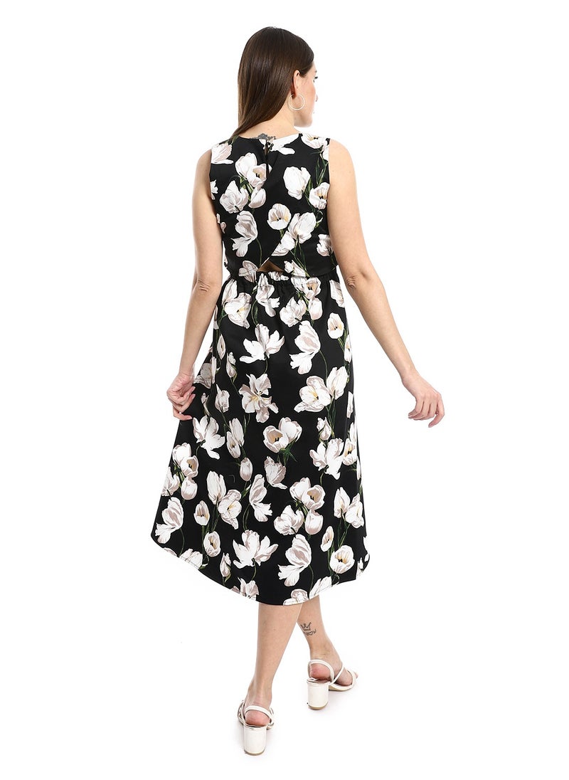 MERCH Floral Print Sleeveless Midi Dress With Elastic Waist Cut  - Image 3