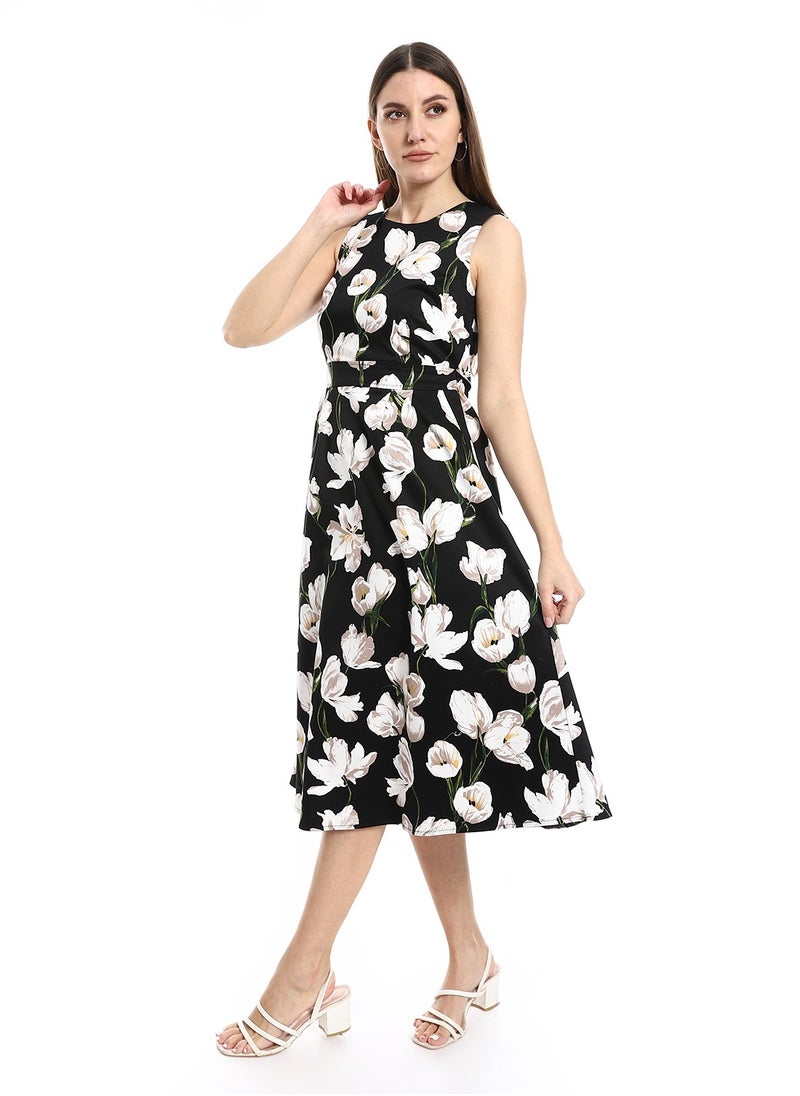 MERCH Floral Print Sleeveless Midi Dress With Elastic Waist Cut  - Image 2