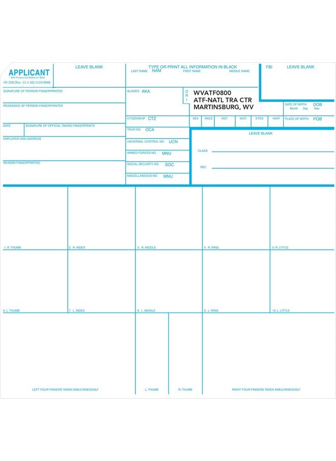 Crime Scene Atf Fd258 Fingerprint Cards 50 Pack  - Image 1