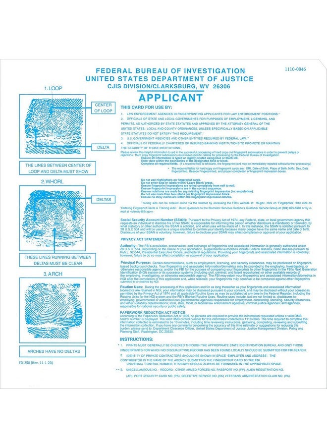 Crime Scene Atf Fd258 Fingerprint Cards 50 Pack  - Image 2