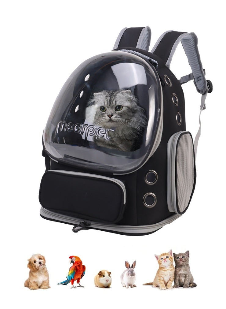 حقيبة ظهر أنيقة لحمل الحيوانات الأليفة، حقيبة قابلة للتنفس لحمل القطط، حقيبة ظهر فقاعية للحيوانات الأليفة، حقيبة سفر للحيوانات الأليفة مع غطاء واسع، حقيبة ظهر شفافة ومقاومة للماء ومحمولة للحيوانات الأليفة للسفر والمشي لمسافات طويلة والمشي في الهواء الطلق - أسود - Image 1