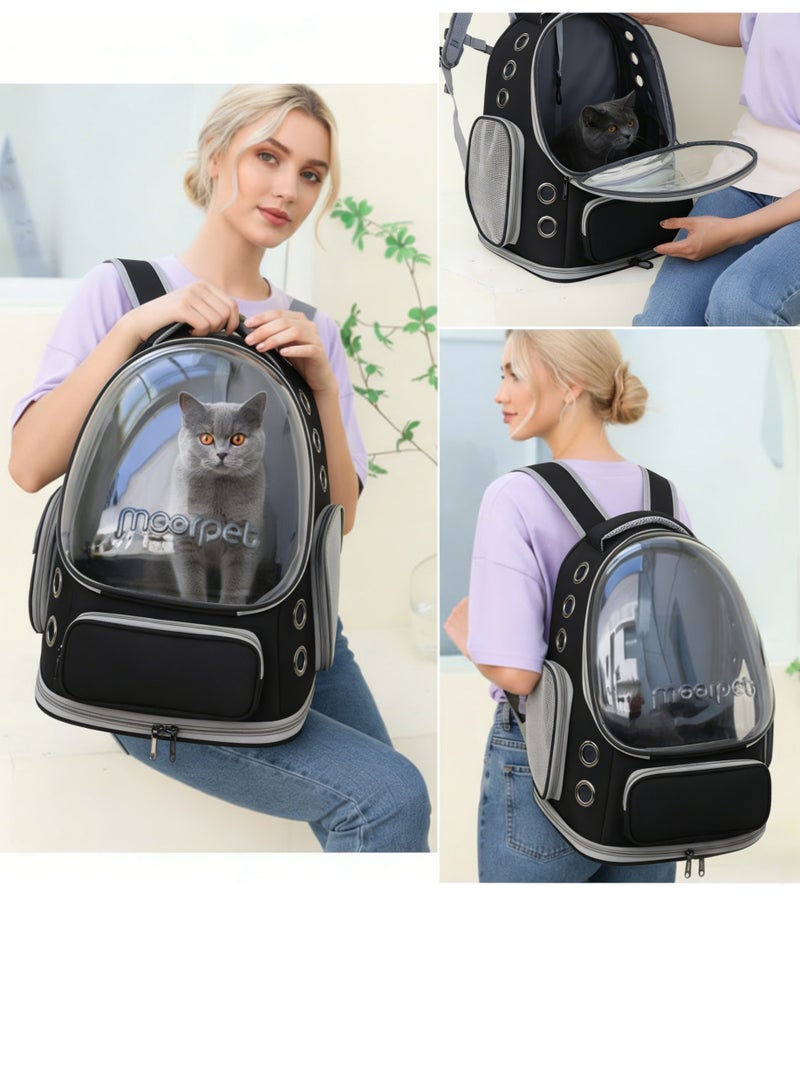 حقيبة ظهر أنيقة لحمل الحيوانات الأليفة، حقيبة قابلة للتنفس لحمل القطط، حقيبة ظهر فقاعية للحيوانات الأليفة، حقيبة سفر للحيوانات الأليفة مع غطاء واسع، حقيبة ظهر شفافة ومقاومة للماء ومحمولة للحيوانات الأليفة للسفر والمشي لمسافات طويلة والمشي في الهواء الطلق - أسود - Image 5