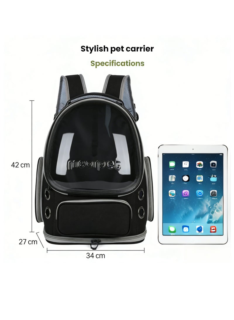 حقيبة ظهر أنيقة لحمل الحيوانات الأليفة، حقيبة قابلة للتنفس لحمل القطط، حقيبة ظهر فقاعية للحيوانات الأليفة، حقيبة سفر للحيوانات الأليفة مع غطاء واسع، حقيبة ظهر شفافة ومقاومة للماء ومحمولة للحيوانات الأليفة للسفر والمشي لمسافات طويلة والمشي في الهواء الطلق - أسود - Image 3