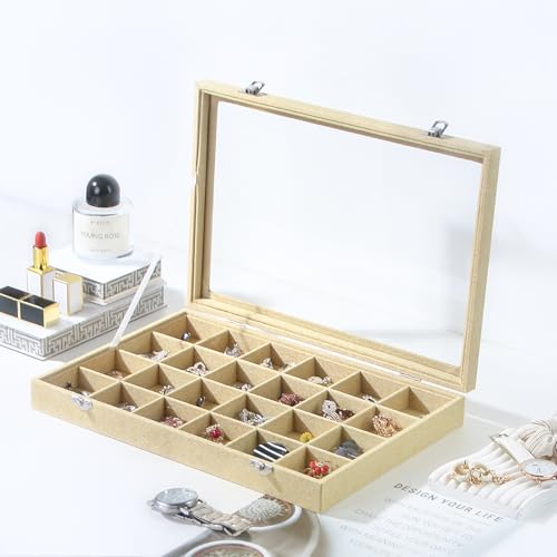 Coward Jewelry Organizer Box, Yellow Linen 24 Grids Ring Earring Jewelry Display Tray Case with Transparent Glass Lid for Home Drawer or Shop Selling - Image 3