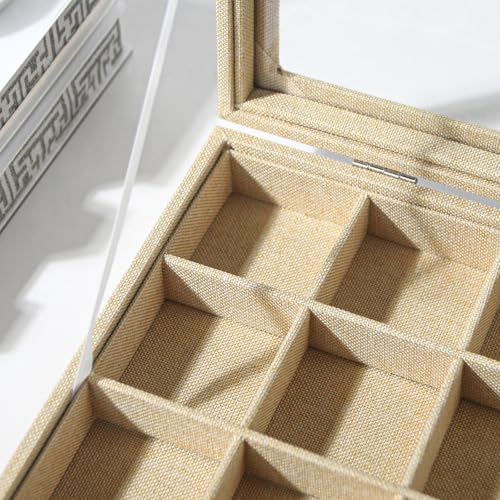 Coward Jewelry Organizer Box, Yellow Linen 24 Grids Ring Earring Jewelry Display Tray Case with Transparent Glass Lid for Home Drawer or Shop Selling - Image 2