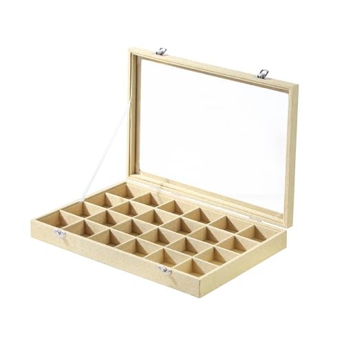 Coward Jewelry Organizer Box, Yellow Linen 24 Grids Ring Earring Jewelry Display Tray Case with Transparent Glass Lid for Home Drawer or Shop Selling - Image 1
