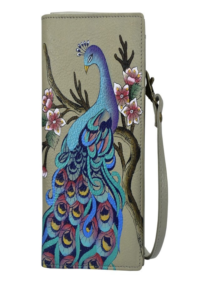 Anna by Anuschka Anna by Anuchka Women's Hand-Painted Genuine Leather Phone Wallet Organizer Crossbody - Peacock Bliss Taupe - Image 1