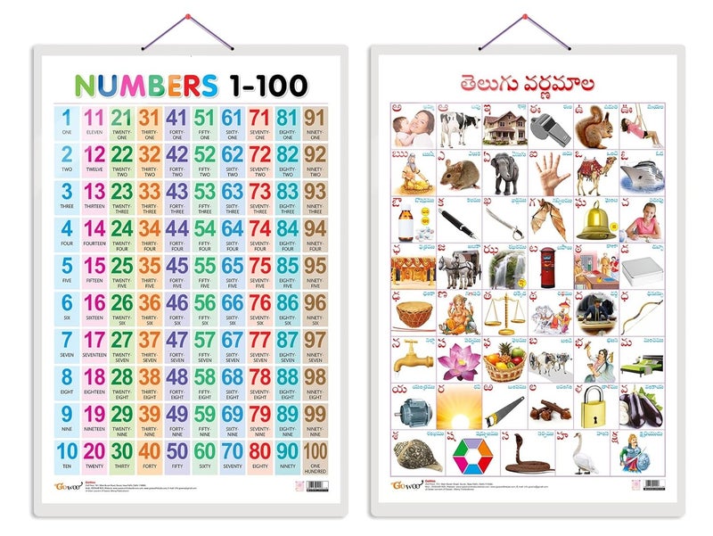 GoWoo مجموعة من 2 أرقام 1-100 وأبجدية التيلوجو (التيلوجو) ملصقات تعليمية لفصل دراسي للأطفال في مرحلة ما قبل المدرسة | مخططات تعليمية لتعلم الأطفال (20"X30" بوصة) - Image 1