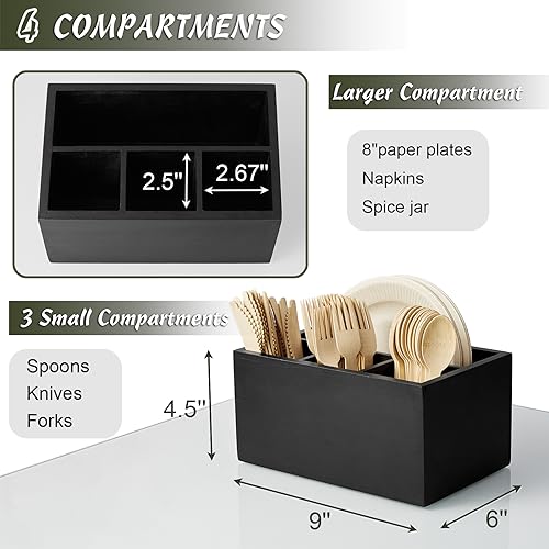 DRASTAR Silverware Caddy, Wooden Utensil Holder, Picnic Cutlery Holder, Black Silverware Holder, Plastic Silverware Caddy for Party, Countertop, Camping - Image 3