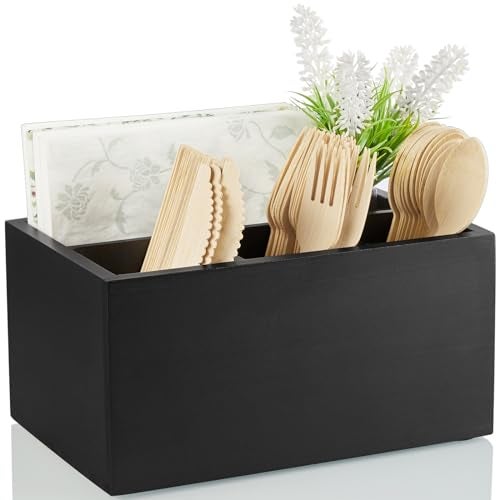 DRASTAR Silverware Caddy, Wooden Utensil Holder, Picnic Cutlery Holder, Black Silverware Holder, Plastic Silverware Caddy for Party, Countertop, Camping - Image 1