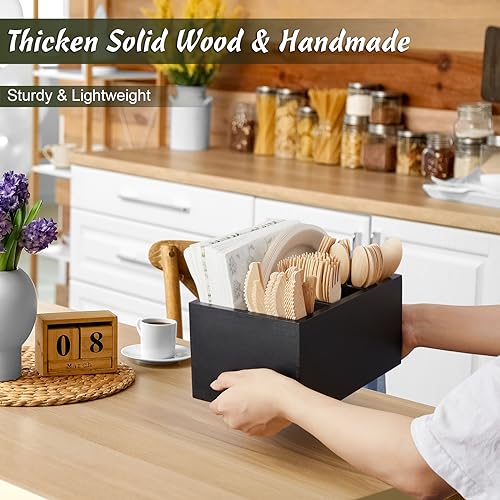 DRASTAR Silverware Caddy, Wooden Utensil Holder, Picnic Cutlery Holder, Black Silverware Holder, Plastic Silverware Caddy for Party, Countertop, Camping - Image 2