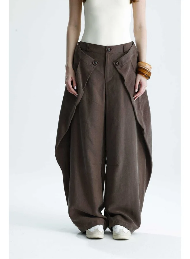 GACACOLLECTION ZENA Button-Detail Covered Design Brown Wide-Leg Pants.