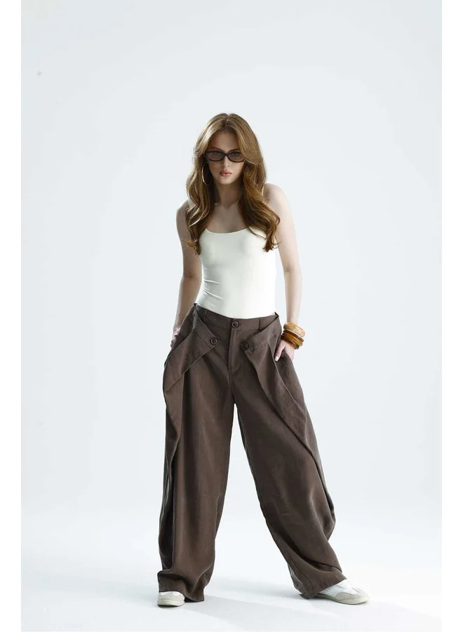 GACACOLLECTION ZENA Button-Detail Covered Design Brown Wide-Leg Pants.