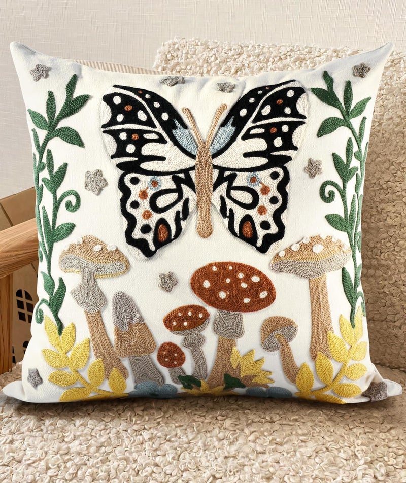 Kokaaee Embroidered Throw Pillow Cover - 18x18 Decorative Pillow Cover with Zipper Aesthetic Cute Design Boho Spring Summer Throw Pillowcase for Living Room Couch Sofa Bed, Butterfly Moon - Image 1