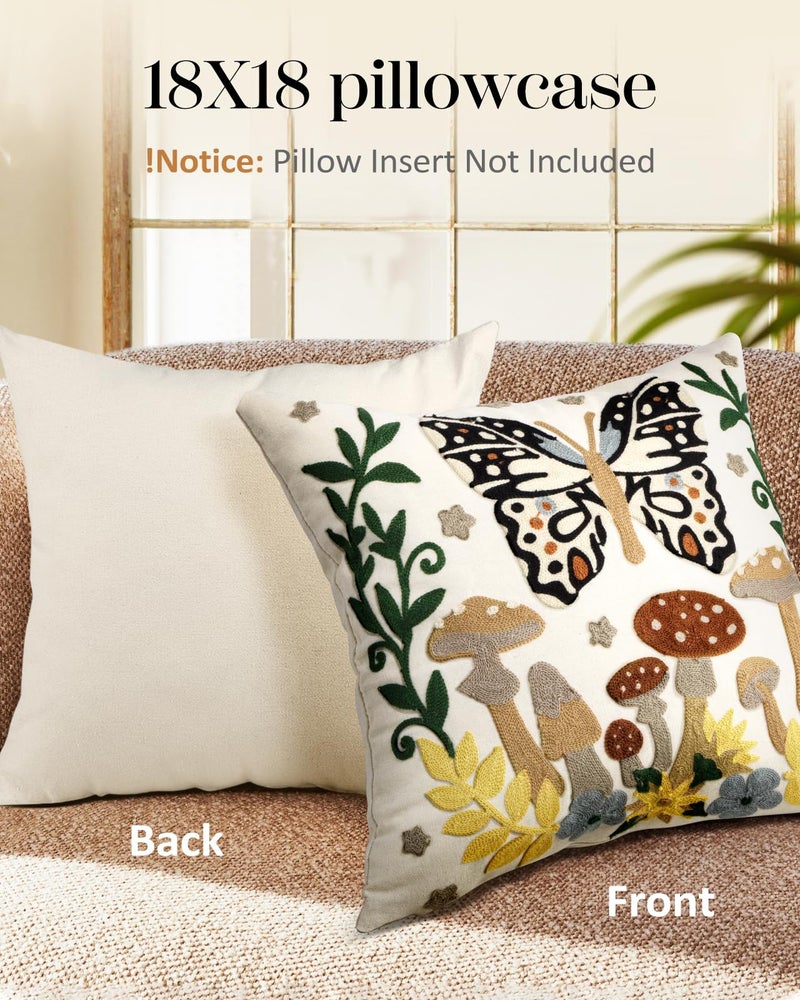 Kokaaee Embroidered Throw Pillow Cover - 18x18 Decorative Pillow Cover with Zipper Aesthetic Cute Design Boho Spring Summer Throw Pillowcase for Living Room Couch Sofa Bed, Butterfly Moon - Image 4