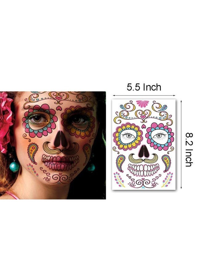 Kotbs 9 Sheets Day of the Died Skeleton Face Tattoo Stickers, Glitter Red Roses Temporary Tattoos for Men and Women - Halloween Costume Accessories and Party Favors - Image 4