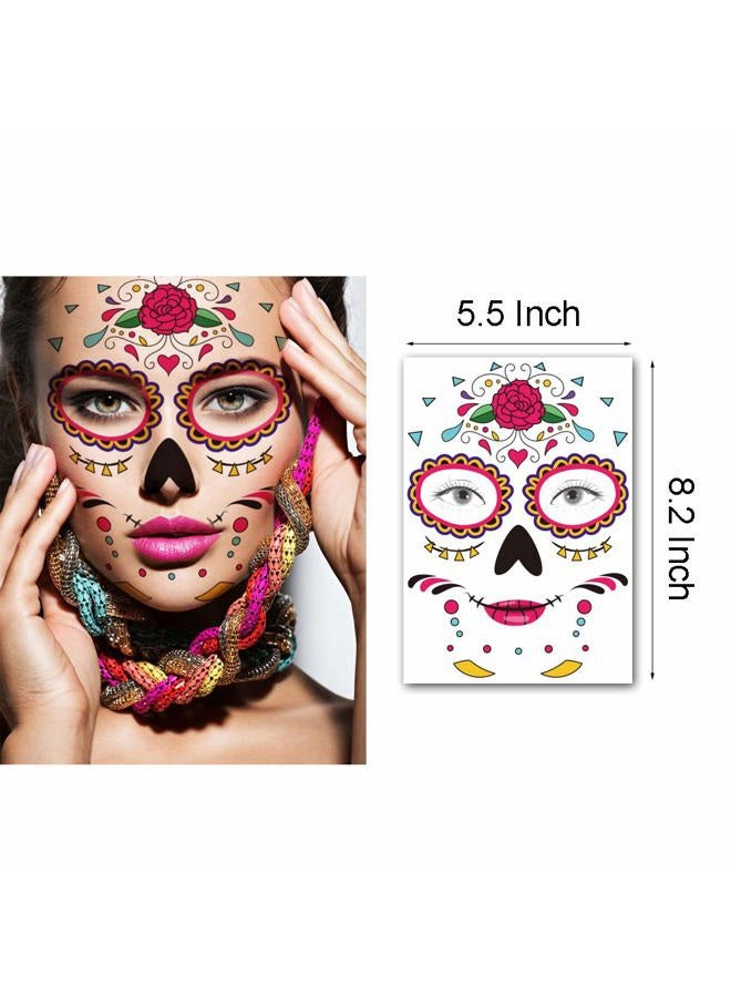 Kotbs 9 Sheets Day of the Died Skeleton Face Tattoo Stickers, Glitter Red Roses Temporary Tattoos for Men and Women - Halloween Costume Accessories and Party Favors - Image 5