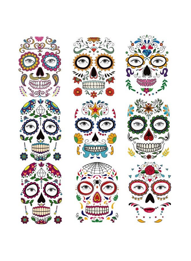 Kotbs 9 Sheets Day of the Died Skeleton Face Tattoo Stickers, Glitter Red Roses Temporary Tattoos for Men and Women - Halloween Costume Accessories and Party Favors - Image 1
