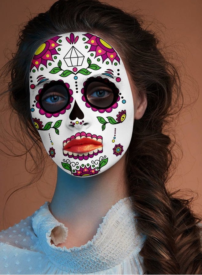 Kotbs 9 Sheets Day of the Died Skeleton Face Tattoo Stickers, Glitter Red Roses Temporary Tattoos for Men and Women - Halloween Costume Accessories and Party Favors - Image 3