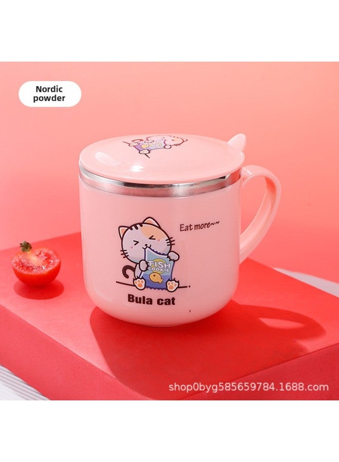 304 Stainless Steel Children's Straw Cup Baby Creative Cup Anti-scald Double Layer Heat Insulation Belt Cover With Handle Portable-Color:Ordinary Cover Nordic Powder-Capacity:Children's Water Cup  - Image 1