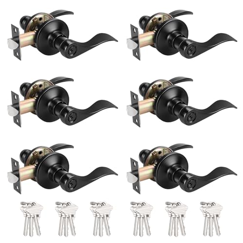 Probrico (6 Pack Black Entry Knobs with Lock and Key, Keyed Alike Lockset Combo Pack, Indoor and Outdoor Leversets, Reversible for Both Left and Right Open - Image 1