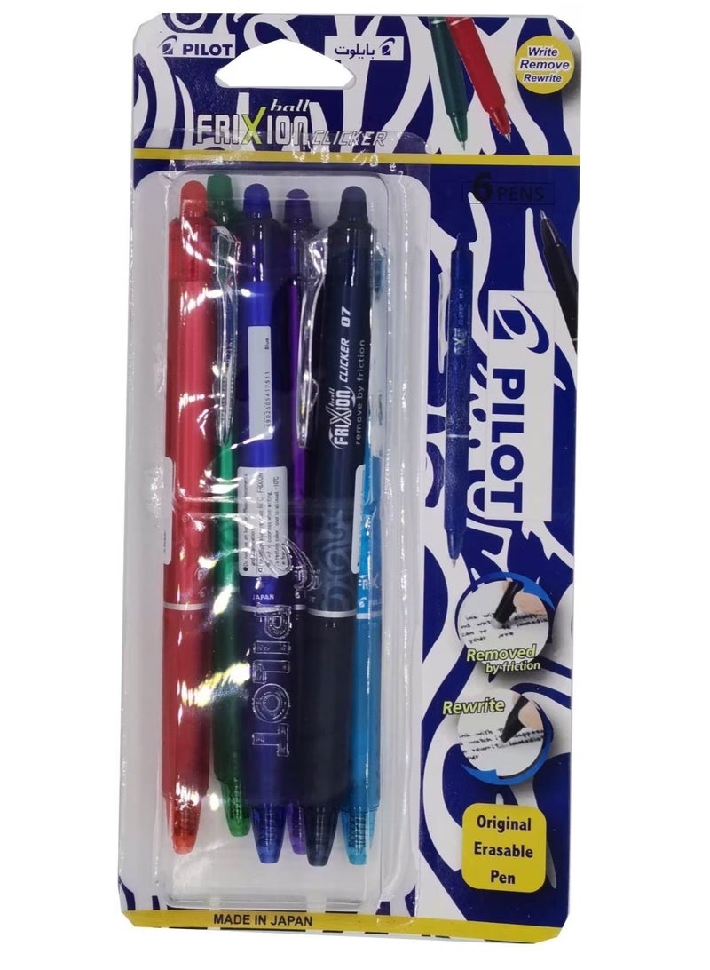 PILOT Frixion Clicker Erasable Rollerball Pen Assorted 0.7MM 6 Pcs - Image 1