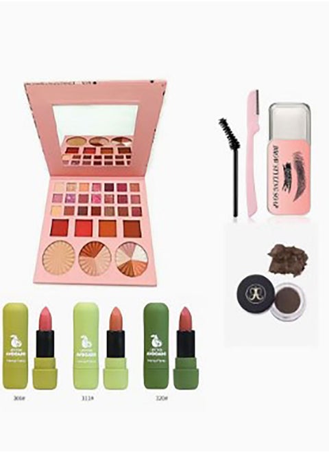The beauty kit consists of (eye shadows - blush - highlighters - eyebrow soap - eyebrow mousse - eyebrow gel Debrow Dark Brown - lipstick)