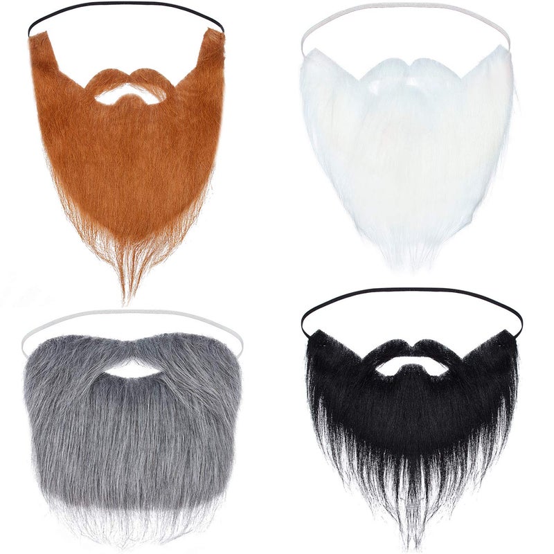 WILLBOND 4 Pieces Fake Beards Long False Beards Funny Fake Mustache Whisker(Black, White, Brown, Grey) - Image 1