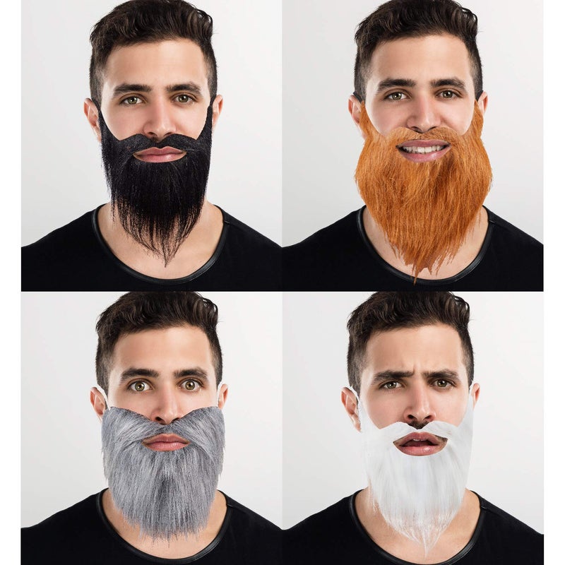 WILLBOND 4 Pieces Fake Beards Long False Beards Funny Fake Mustache Whisker(Black, White, Brown, Grey) - Image 2