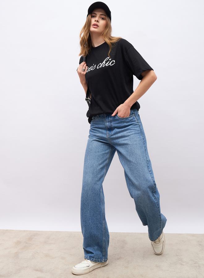 Styli Tres Chic Slogan Print Oversized Short Sleeve T-Shirt  - Image 1