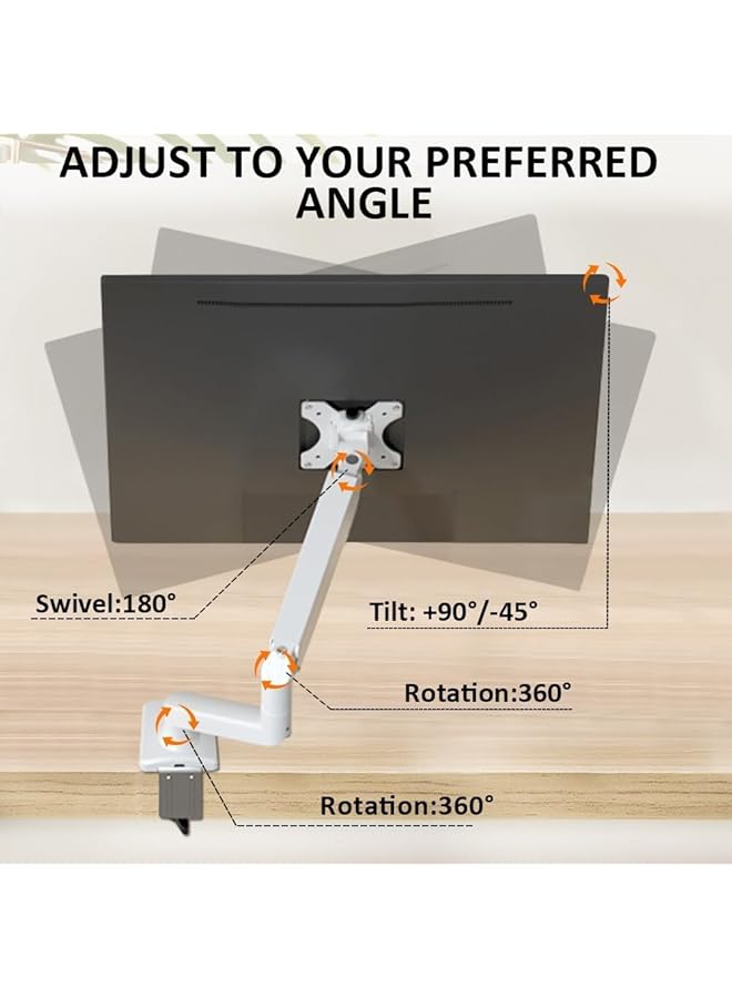 erorex Single Monitor Arm Adjustable Ergonomic Single Monitor Mount Stand With Gas Spring For 13 To 32 Inch Computer Monitor With C Clamp And Grommet Mounting Base White - Image 4